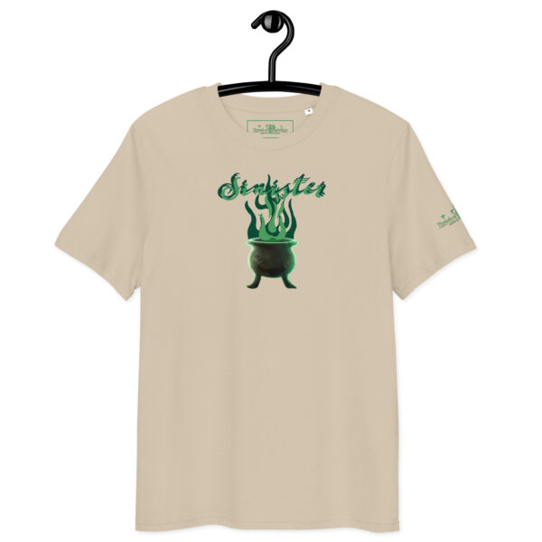 Sinister Halloween, green and black, organic shirt, tan.