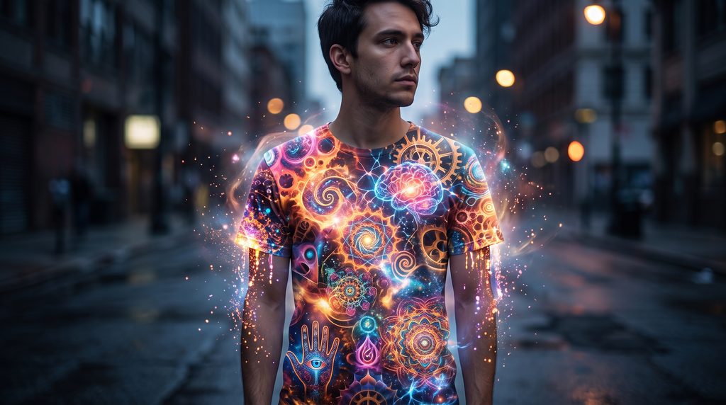 artistic portrait of a t-shirt transformed into a glowing canvas of perception