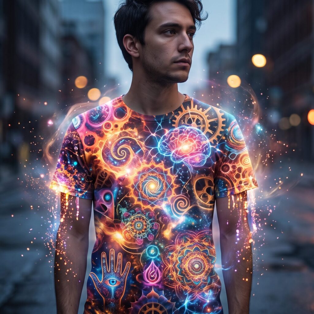 A visually striking, surreal artistic portrait illustrating a t-shirt acting as a glowing blank canvas for perception.